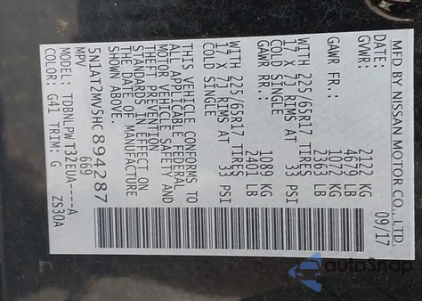 2017 Nissan Rogue S z USA, uszkodzony, nr VIN 5N1AT2MV5HC894287